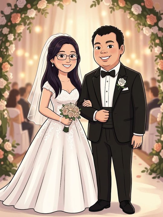 Cartoon of Hannie in a white gown and Tim in a black tuxedo, arm in arm under a flower arch